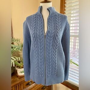 Land’s End Light Blue Cotton Cable Knit Zip Cardigan W’s Medium